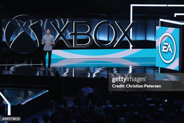 Executive Vice President of Electronic Arts Patrick Soderlund speaks during the Microsoft xBox E3 briefing at the Galen Center on June 11, 2017 in...