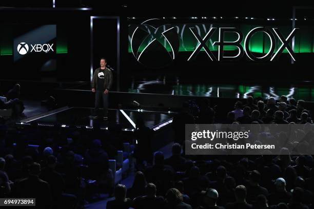 Xbox chief Phil Spencer speaks during the Microsoft xBox E3 briefing at the Galen Center on June 11, 2017 in Los Angeles, California. The E3 Game...