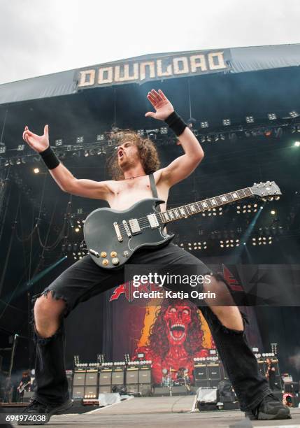 Joel O'Keeffe lead singer of Airbourne performing live on Day 3 of Download Festival at Donington Park on June 11, 2017 in Castle Donington, UK.