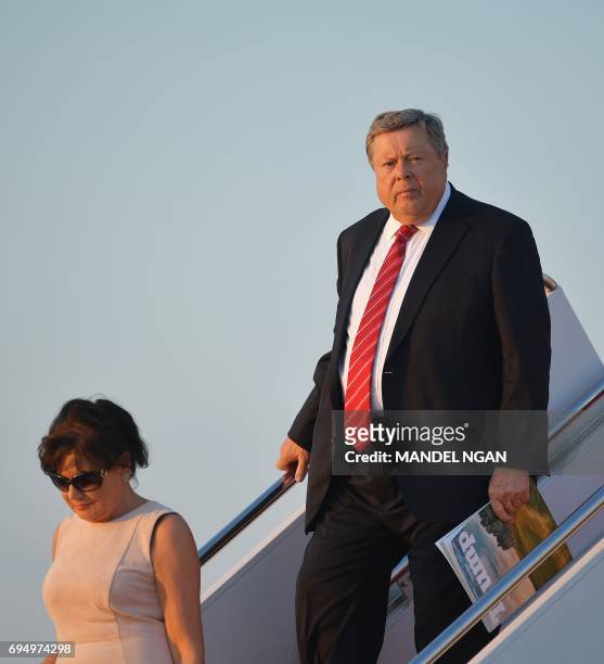 Viktor Knavs and Amalija Knavs, the parents of US First Lady Melania Trump step off Air Force One upon arrival at Andrews Air Force Base in Maryland,...