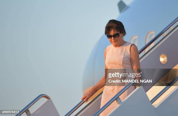 Amalija Knavs, the mother of US First Lady Melania Trump, steps off Air Force One upon arrival at Andrews Air Force Base in Maryland, on June 11,...