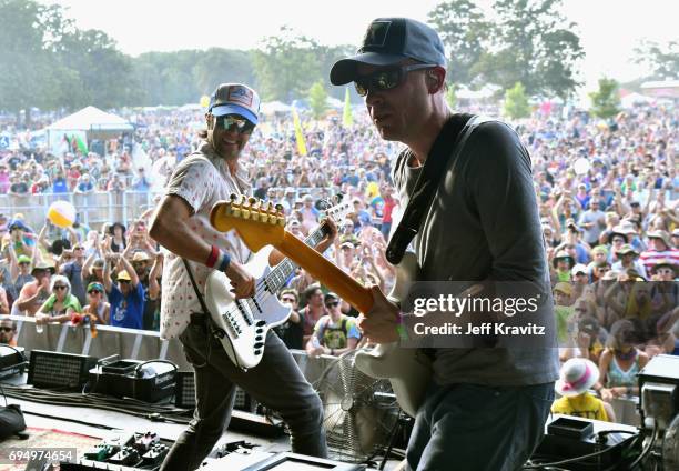 Recording artists Ryan Stasik and Jake Cinninger of Umphreys McGee perform onstage at What Stage during Day 4 of the 2017 Bonnaroo Arts And Music...