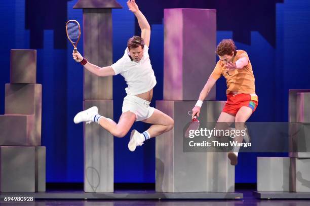 Andrew Rannells and Christian Borle perform with the cast of "Falsettos" onstage during the 2017 Tony Awards at Radio City Music Hall on June 11,...