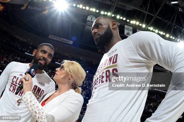 Doris Burke interviews Kyrie Irving and LeBron James of the Cleveland Cavaliers after the game against the Golden State Warriors in Game Four of the...