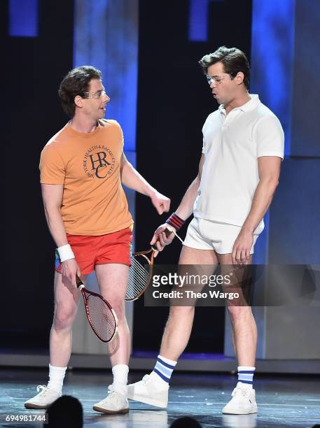 Christian Borle and Andrew Rannells perform with the cast of "Falsettos" onstage during the 2017 Tony Awards at Radio City Music Hall on June 11,...