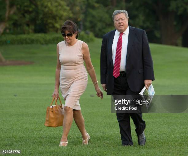 Viktor Knavs and Amalija Knavs, parents of U.S. First lady Melania Trump, arrive at the White House with the first family June 11, 2017 in...
