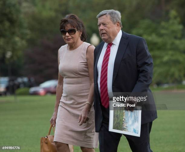 Viktor Knavs and Amalija Knavs, parents of U.S. First lady Melania Trump, arrive at the White House with the first family June 11, 2017 in...