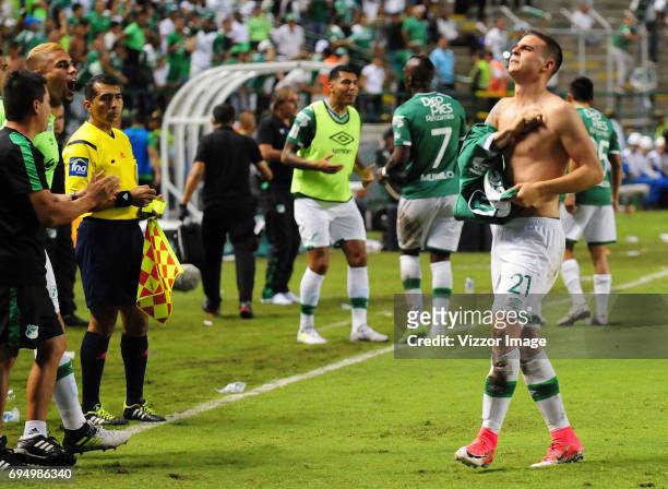 Nicolas Benedetti of Deportivo Cali celebrates after scoring the first goal of his team during the semi finals second leg match between Deportivo...