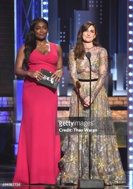 Patina Miller and Sara Bareilles speak onstage during the 2017 Tony Awards at Radio City Music Hall on June 11, 2017 in New York City.