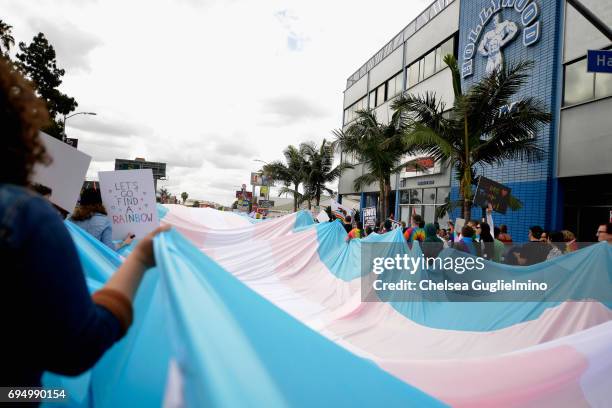 Participants march during the LA Pride ResistMarch on June 11, 2017 in West Hollywood, California.