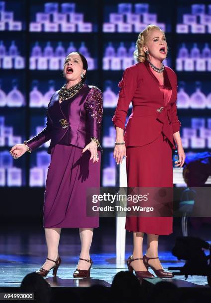 Patti LuPone and Christine Ebersole perform with the cast of "War Paint" onstage during the 2017 Tony Awards at Radio City Music Hall on June 11,...