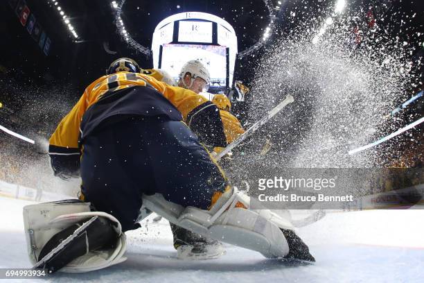 Pekka Rinne of the Nashville Predators tends goal against Olli Maatta of the Pittsburgh Penguins during the second period in Game Six of the 2017 NHL...