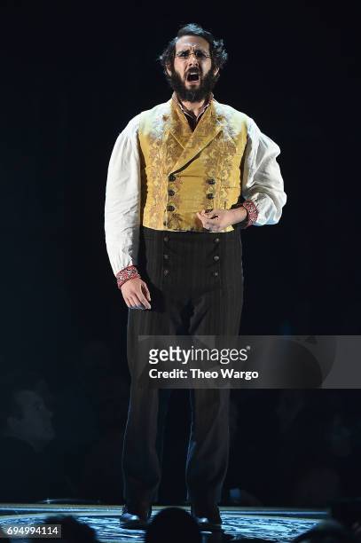 Josh Groban performs onstage with the cast of "Natasha, Pierre and The Great Comet of 1812" onstage during the 2017 Tony Awards at Radio City Music...