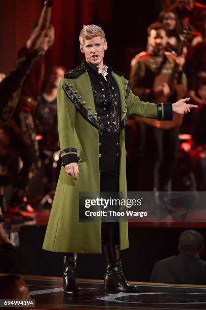 Lucas Steele performs onstage with the cast of "Natasha, Pierre and The Great Comet of 1812" onstage during the 2017 Tony Awards at Radio City Music...