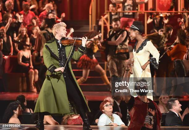 Lucas Steele performs onstage with the cast of "Natasha, Pierre and The Great Comet of 1812" onstage during the 2017 Tony Awards at Radio City Music...