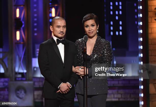 Jon Jon Briones and Lea Salonga speak onstage during the 2017 Tony Awards at Radio City Music Hall on June 11, 2017 in New York City.