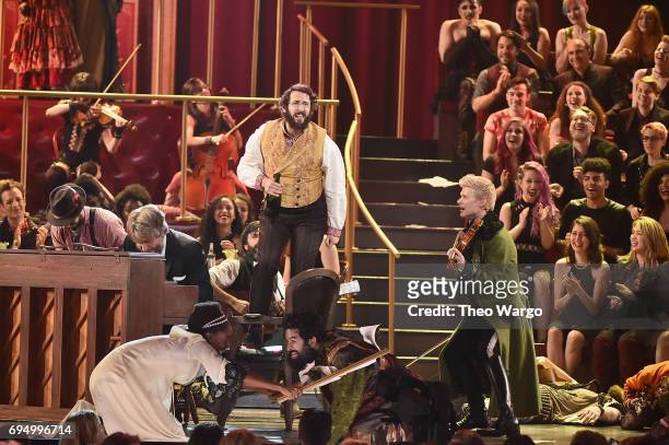 Josh Groban and Lucas Steele perform onstage with the cast of "Natasha, Pierre and The Great Comet of 1812" onstage during the 2017 Tony Awards at...
