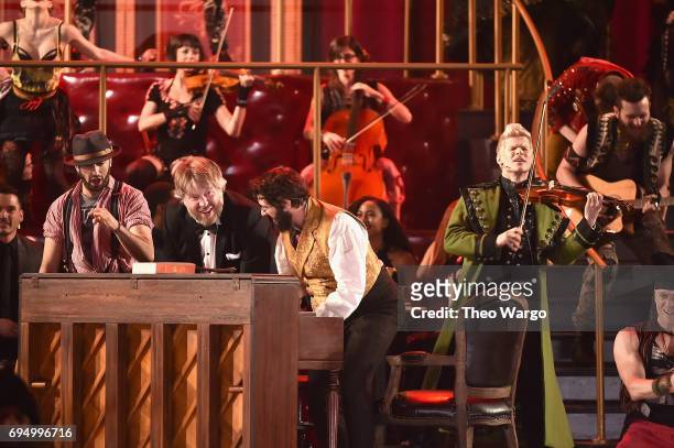 Josh Groban and Lucas Steele perform onstage with the cast of "Natasha, Pierre and The Great Comet of 1812" onstage during the 2017 Tony Awards at...