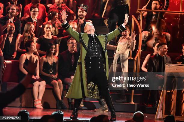 Lucas Steele performs onstage with the cast of "Natasha, Pierre and The Great Comet of 1812" onstage during the 2017 Tony Awards at Radio City Music...