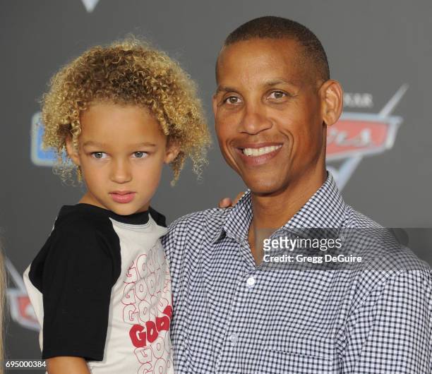 Reggie Miller and son Ryker Miller arrive at the premiere of Disney And Pixar's "Cars 3" at Anaheim Convention Center on June 10, 2017 in Anaheim,...