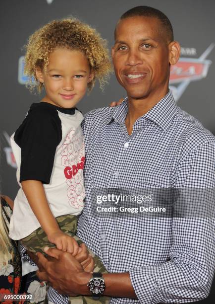 Reggie Miller and son Ryker Miller arrive at the premiere of Disney And Pixar's "Cars 3" at Anaheim Convention Center on June 10, 2017 in Anaheim,...