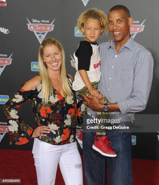 Reggie Miller and son Ryker Miller arrive at the premiere of Disney And Pixar's "Cars 3" at Anaheim Convention Center on June 10, 2017 in Anaheim,...