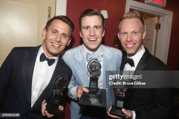 Benj Pasek and Justin Paul, winners of the award for Best Score for "Dear Evan Hansen," and Gavin Creel , winner of the award for Best Performance by...