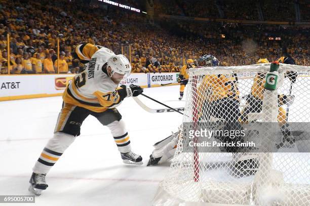 Patric Hornqvist of the Pittsburgh Penguins scores a goal against Pekka Rinne of the Nashville Predators during the third period in Game Six of the...