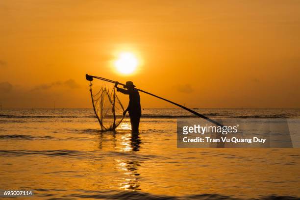 fishermen catch fish in the sun at go cong beach. - longan stock pictures, royalty-free photos & images