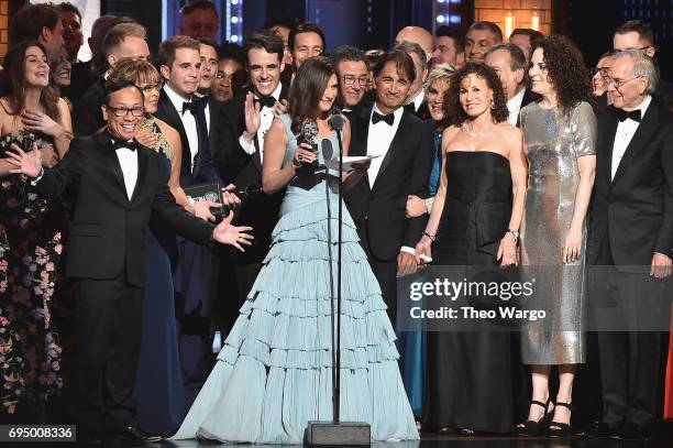 Producer Stacey Mindich and the cast of "Dear Evan Hansen accept the award for Best Musical onstage during the 2017 Tony Awards at Radio City Music...