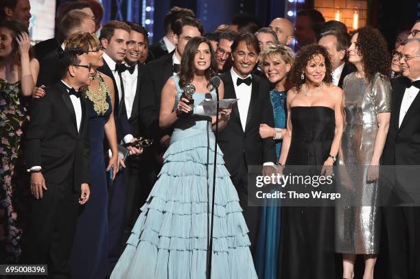 Producer Stacey Mindich and the cast of "Dear Evan Hansen accept the award for Best Musical onstage during the 2017 Tony Awards at Radio City Music...