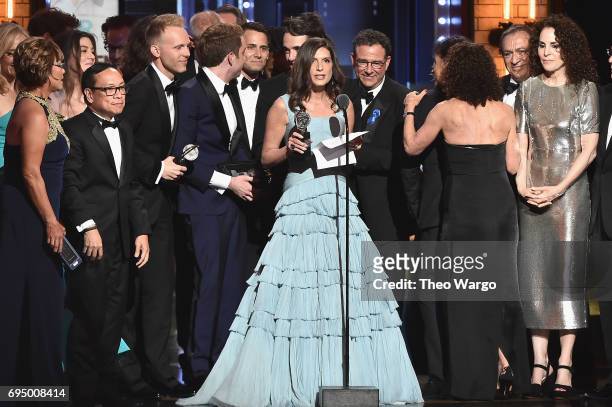 Producer Stacey Mindich and the cast of "Dear Evan Hansen accept the award for Best Musical onstage during the 2017 Tony Awards at Radio City Music...
