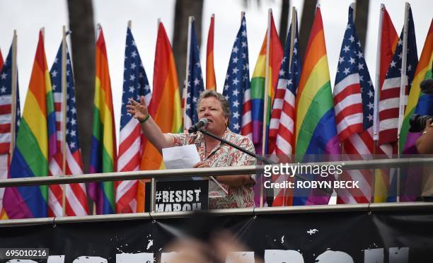 Rights activist and CEO of the Los Angeles LGBT Center Lorri L. Jean speaks to members of the LGBT community and their supporters at the #ResistMarch...