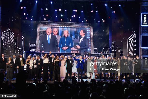 Kevin Spacey and Patti LuPone perform the finale onstage during the 2017 Tony Awards at Radio City Music Hall on June 11, 2017 in New York City.