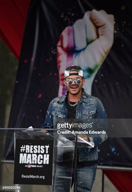 Singer Adam Lambert attends the LA Pride ResistMarch on June 11, 2017 in West Hollywood, California.