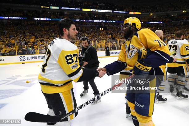 Sidney Crosby of the Pittsburgh Penguins shakes hands with P.K. Subban of the Nashville Predators after winning Game Six of the 2017 NHL Stanley Cup...