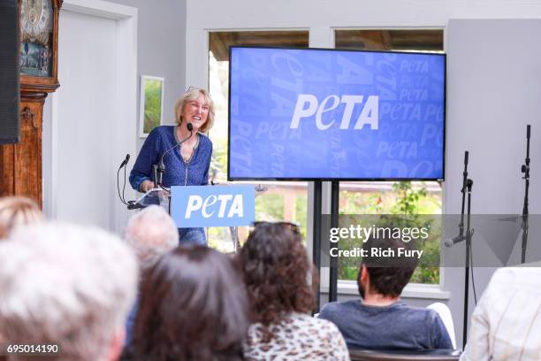 President Ingrid Newkirk speaks during the PETA Fundraising Event at Private Residence on June 11, 2017 in Malibu, California.