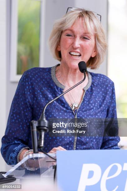 President Ingrid Newkirk speaks during the PETA Fundraising Event at Private Residence on June 11, 2017 in Malibu, California.