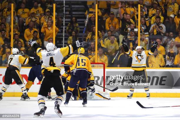Patric Hornqvist of the Pittsburgh Penguins celebrates after scoring a goal against Pekka Rinne of the Nashville Predators during the third period in...