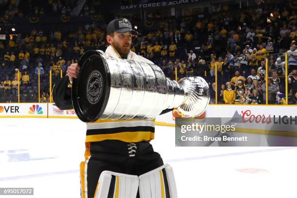 Matt Murray of the Pittsburgh Penguins celebrates with the Stanley Cup Trophy after defeating the Nashville Predators 2-0 to win the 2017 NHL Stanley...