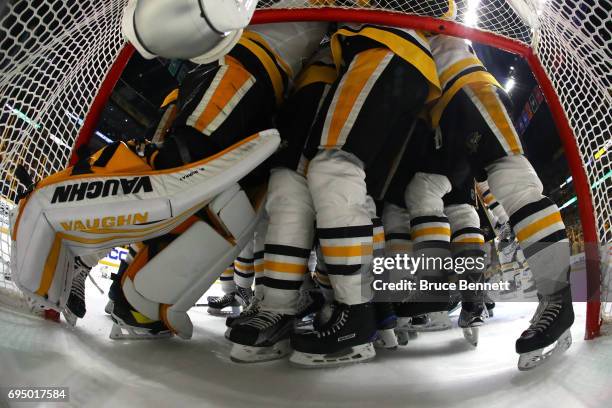 Matt Murray of the Pittsburgh Penguins celebrates with teammates after they defeated the Nashville Predators 2-0 to win the 2017 NHL Stanley Cup...