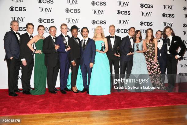 The crew of "Dear Evan Hanson", winner of the award for Best Musical for Dear Evan Hanson, poses in the press room during the 2017 Tony Awards at 3...