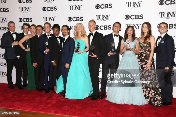 The crew of "Dear Evan Hanson", winner of the award for Best Musical for Dear Evan Hanson, poses in the press room during the 2017 Tony Awards at 3...