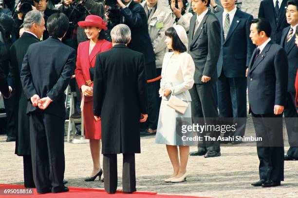 Brazilian President Fernando Henrique Cardoso is introduced Crown Princess Masako , Princess Sayako and Prime Minister Ryutaro Hashimoto by Emperor...