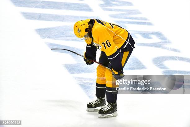 Subban of the Nashville Predators reacts after falling to the Pittsburgh Penguins 2-0 in Game Six of the 2017 NHL Stanley Cup Final at the...