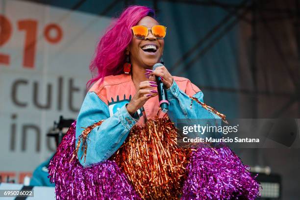 Karol Conka performs live on stage at Memorial da America Latina on June 11, 2017 in Sao Paulo, Brazil.