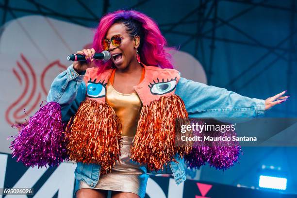 Karol Conka performs live on stage at Memorial da America Latina on June 11, 2017 in Sao Paulo, Brazil.