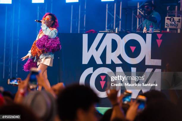Karol Conka performs live on stage at Memorial da America Latina on June 11, 2017 in Sao Paulo, Brazil.