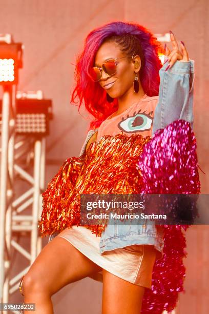 Karol Conka performs live on stage at Memorial da America Latina on June 11, 2017 in Sao Paulo, Brazil.