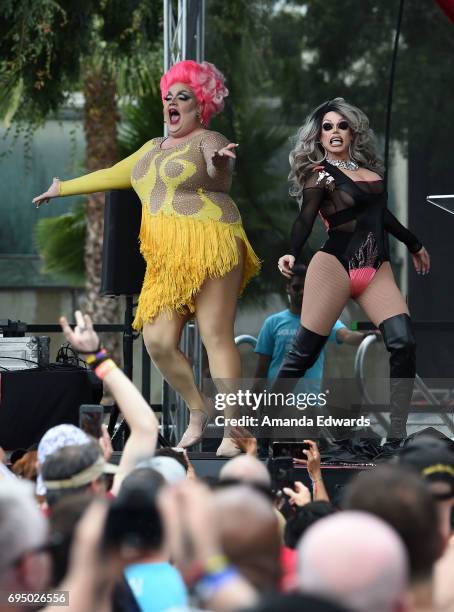 Drag queens Eureka! and Morgan McMichaels attend the LA Pride ResistMarch on June 11, 2017 in West Hollywood, California.